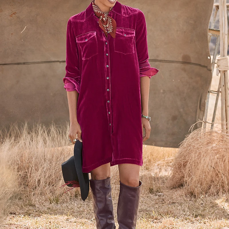 Abito corto vintage color unita deserto Abito casual monopetto a maniche lunghe a trapezio Abito camicia in velluto con colletto bavero da donna