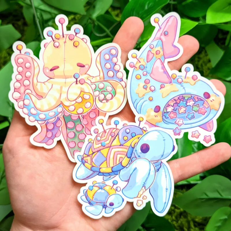 Cute Pin-Cushion Pet Stickers Set - Adorable Octopus, Dolphin & Turtle Vinyl Decals for Journaling, Laptop & Phone Decoration