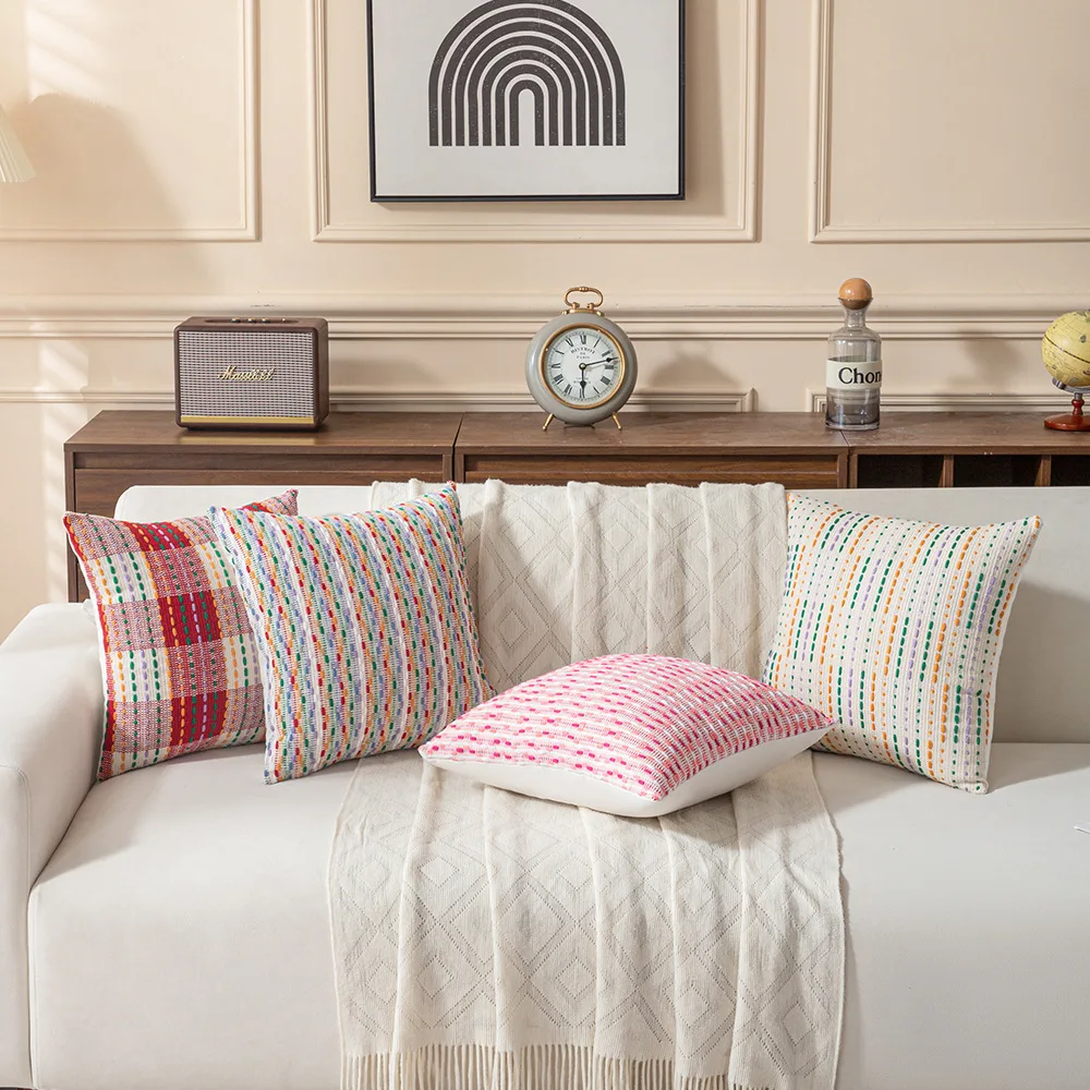Bohemia Grid Stripe Yarn-dyed Cushion Cover 45 * 45 Cotton and Linen Colorful Jacquard Pillow Cover Moroccan Ethnic Home Decor