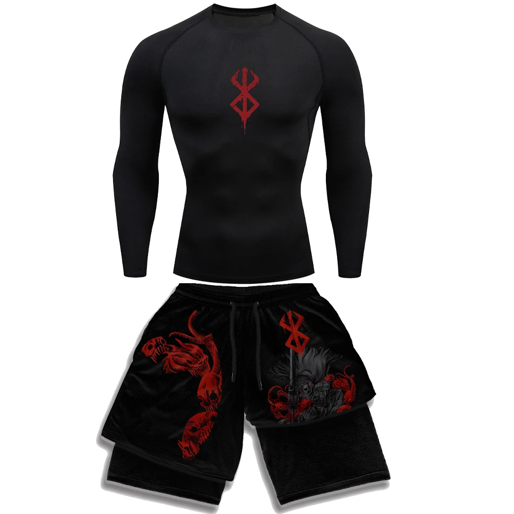 Sacrifice Anime Compression Sportswear Set Fitness Suit for Men Quick Dry Manga Print Rash Guard+Gym Shorts 2PCS Running Workout