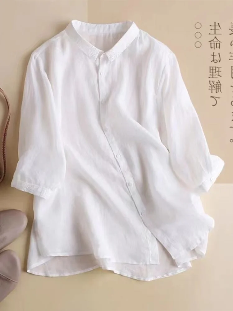 

Korean Japanese Lightweight Flax ort Sve irt Embroidered Cotton Linen Women's Vintage Sle Collar Button up Blouse