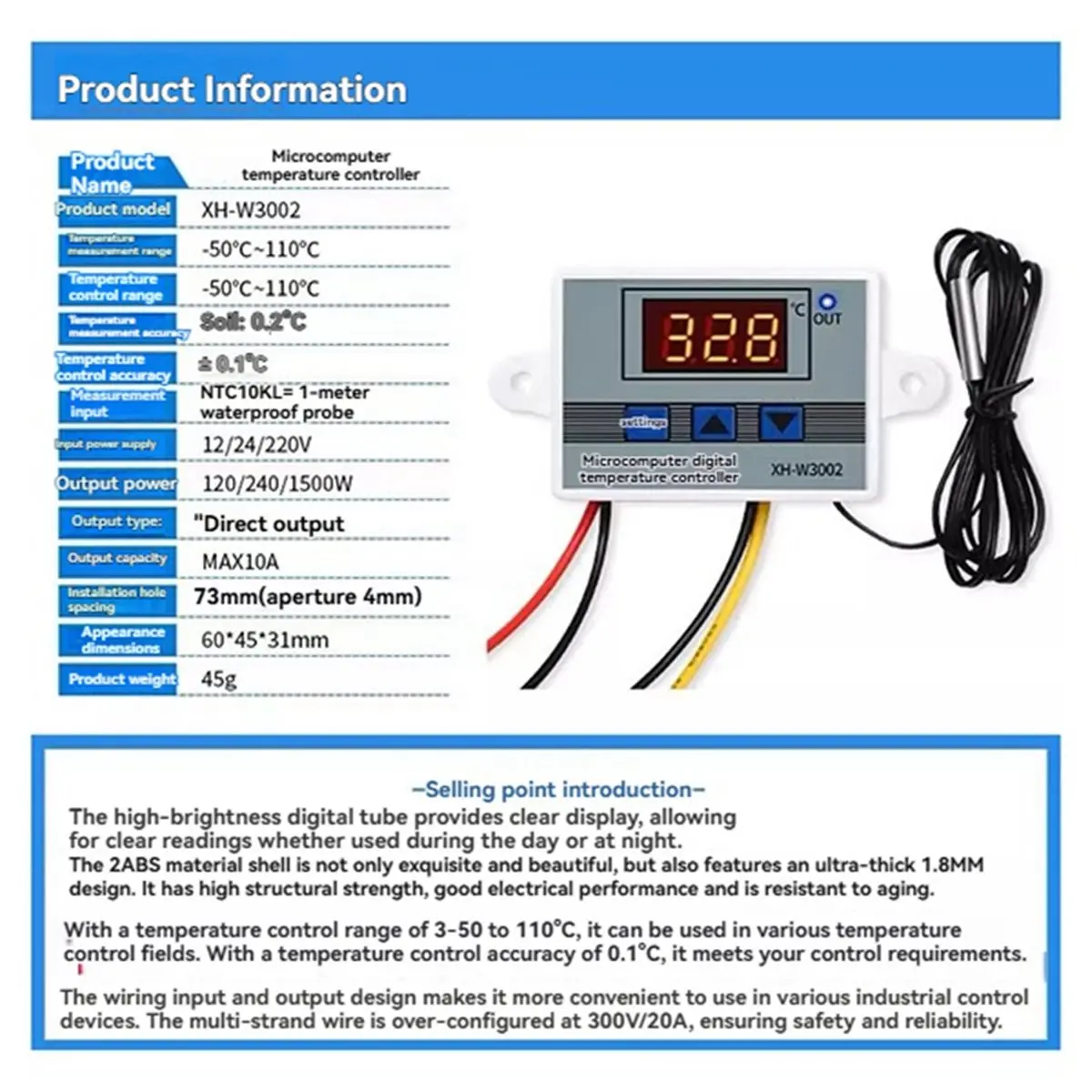 【A75T】 XH-W3002 Digital LED Temperature Controller Max 10A Thermostat Regulator with Waterproof Probe 24V/240W
