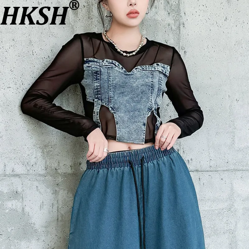 

HKSH 2026 Spring Summer New Women T-shirt Denim Patchwork Sheer Mesh Color Block O-neck Long Sleeves Slim Fit Short Tops HK17172