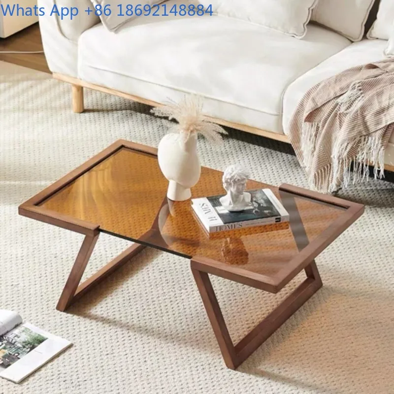 

Artistic Solid Wood Rock Board Detachable High-Value Ins Tempered Glass Home Living Room Coffee Table Modern