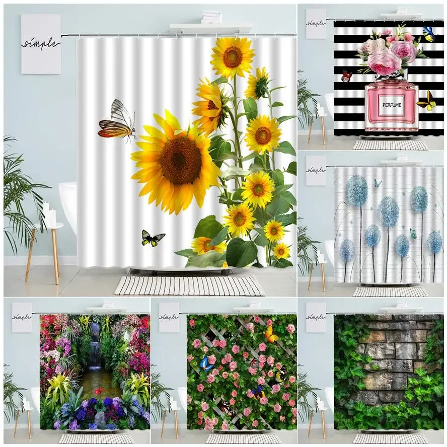 

Spring Butterfly Sunflower Shower Curtain Natural Plant Print Bathroom Curtain Polyester Hook Home Decor cortina de la ducha