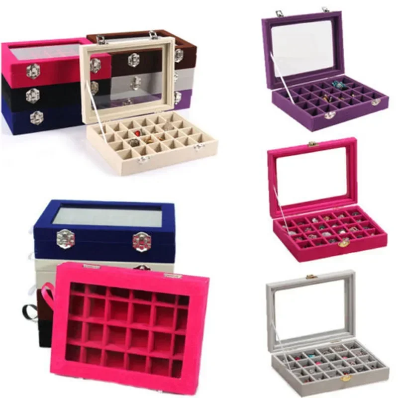 24 Grids Velvet Jewelry Box Rings Earrings Necklaces Makeup Holder Organizer Women Jewelery Storage Display 20*15*4.5cm