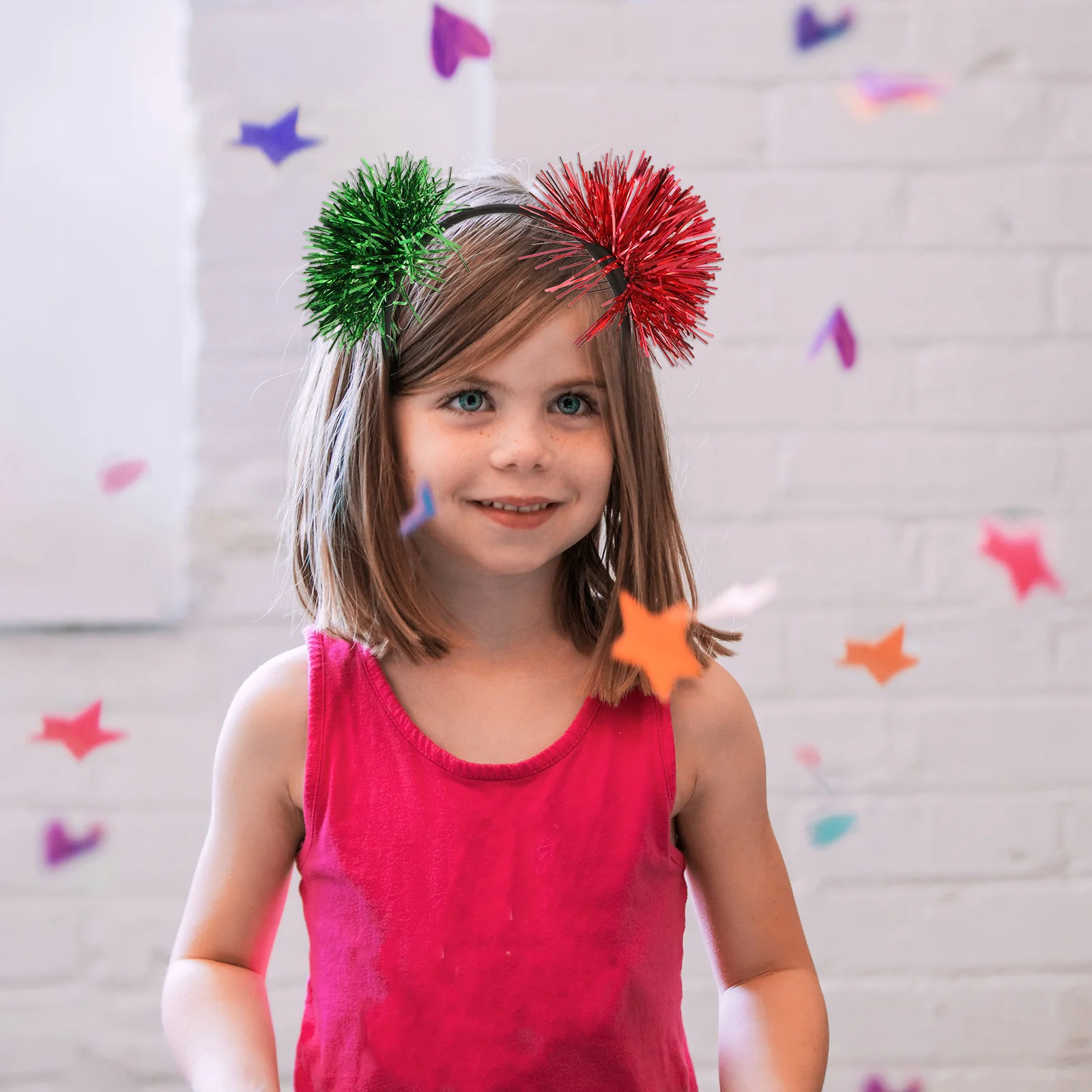 

Children Christmas Tinsel Foil Small Pompom Headband Party Performance Headwear Glittery Hair Band Festival Cosplay Headdress