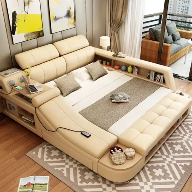 Queen Size Drawers Double Bed Frame Leg Glamorous Wood Luxury Twin Bed Frame Safe Multifunctional Letto Matrimoniale Furniture