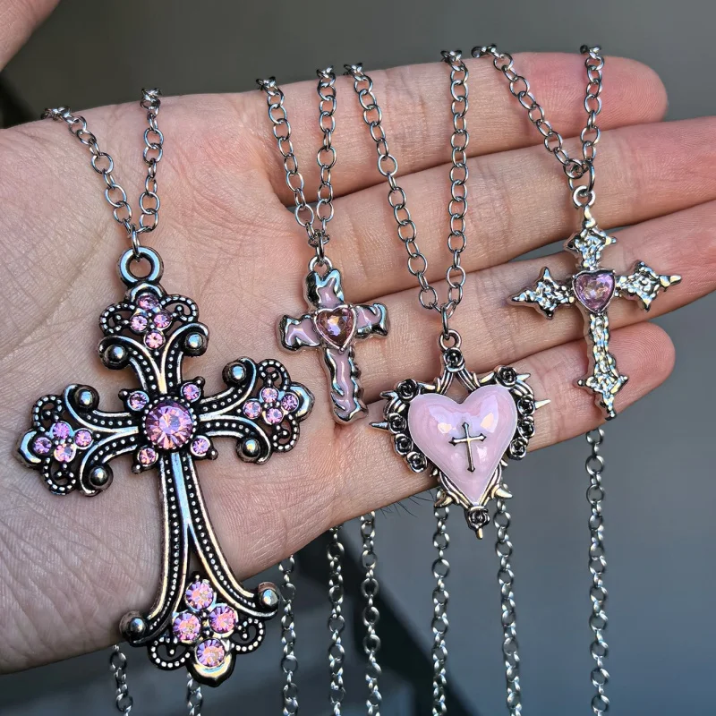 4Pcs Gothic Pink Cross Heart Necklace Set Silver Powder Water Diamond Piercing Cross Pendant Stackable Necklace Women's Jewelry