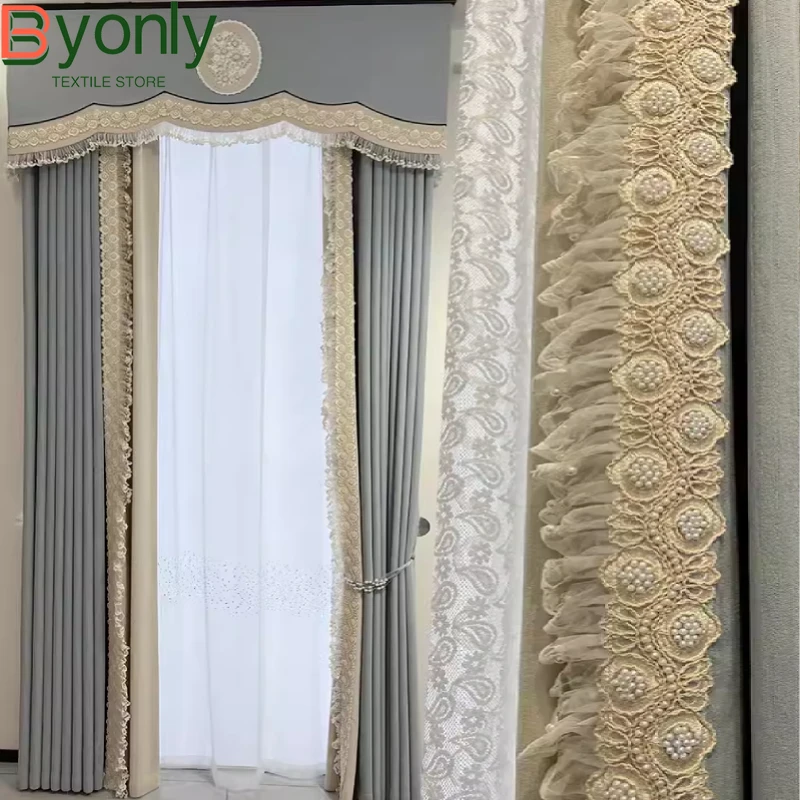 

Blue Gray Pearl Lace Embroidered Yarn Chenille Thickened Splicing Curtains for Living Room Bedroom French Window Customized
