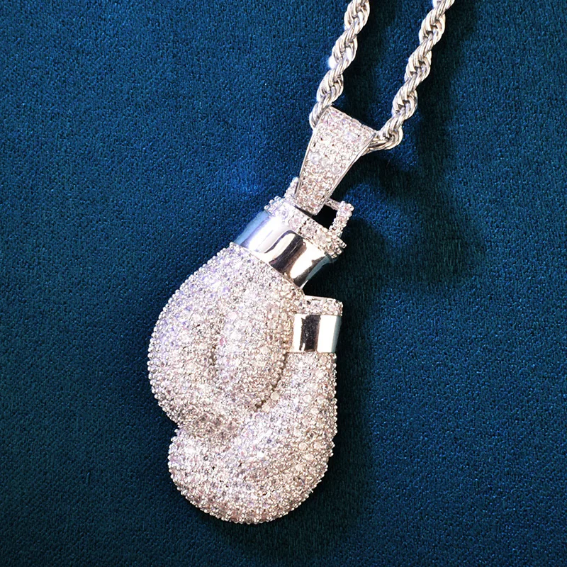 Hip Hop 3A+ CZ Stone Paved Bling Iced Out Boxing Glove Pendant Necklace for Men Club Rapper Jewelry Gold Silver Color