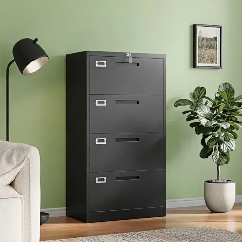 4 Drawer File Cabinets with Lock,Metal Lateral Filing Storage Cabinet Printer Stand,Black Steel Home Office Cabinet for