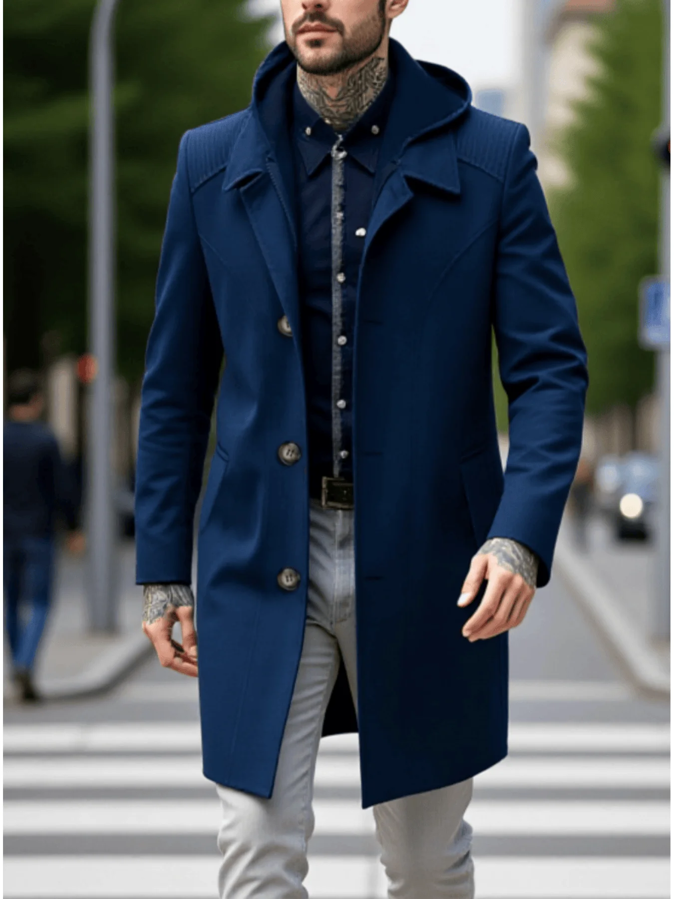 

New Men's Wool Blend Overcoat Single-Breasted Multi-Color Woolen Hooded Jacket with Lining Warm Winter Male Coat