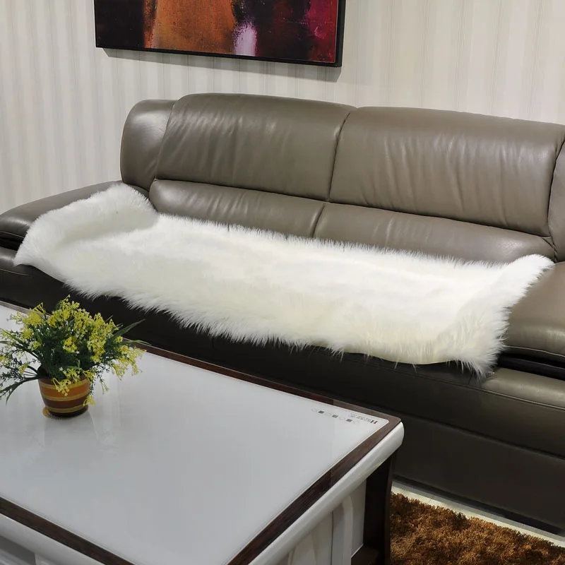 Long Faux Fur Artificial Skin Rectangle Fluffy Chair Seat Sofa Cover Carpet Mat Area Rug Living Bedroom Home Decoration White