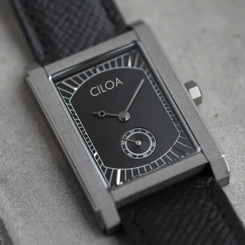 English: Minimalist Industrial Rectangular Square Watch, Retro Small Second Dial, Black Grain Leather Strap Niche Luxury Men Quartz Wristwatch