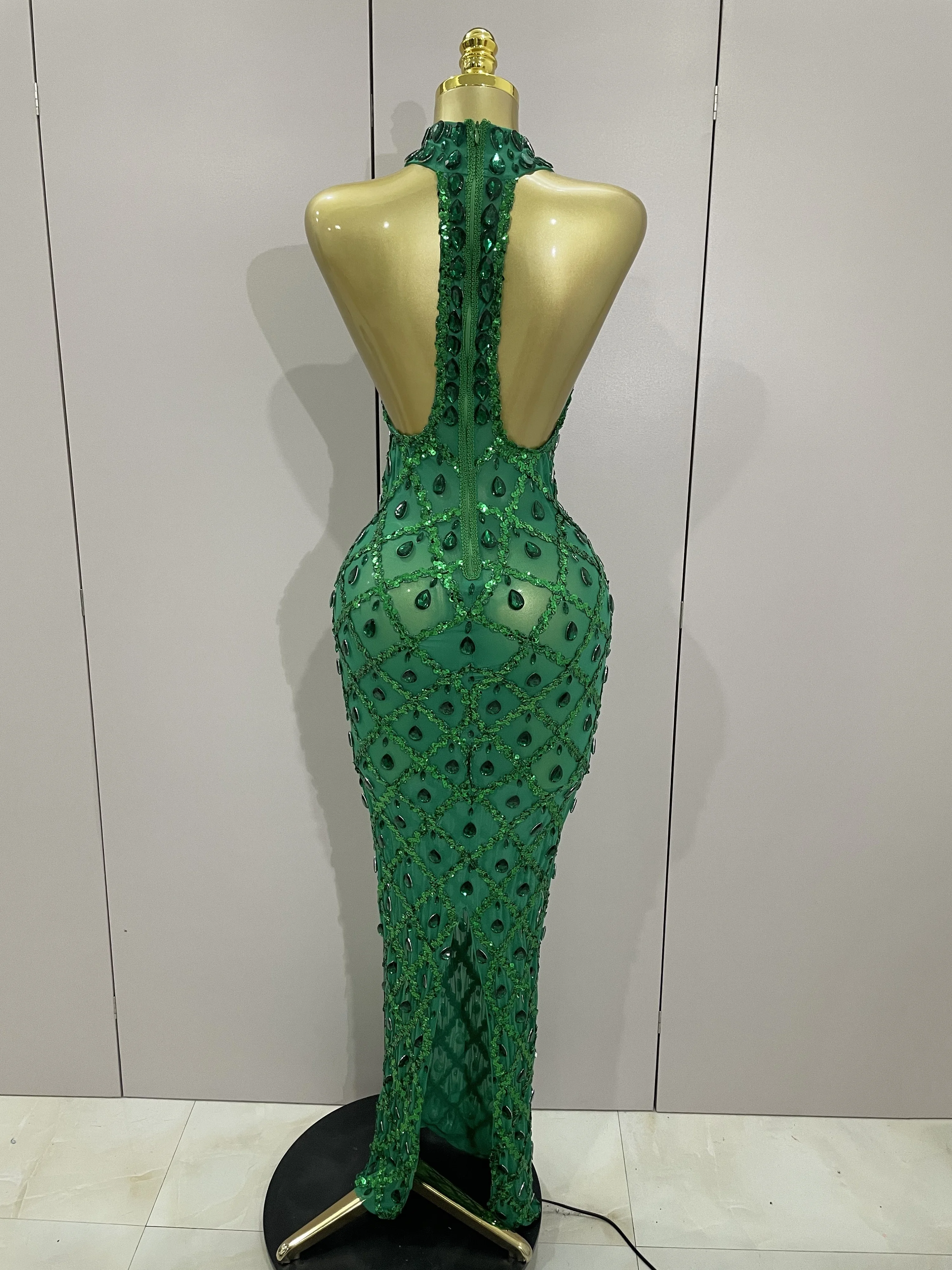 Robe longue en maille verte pour femmes, paillettes de diamant brillant, Sexy, pour célébration de soirée, bal d'anniversaire, Costume de scène en boîte de nuit, nouvelle collection 2025