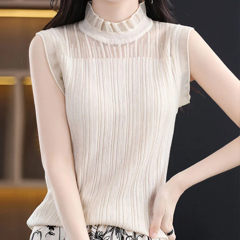 Novo Suéter de Verão Sem Mangas em Tricô para Mulheres, Blusas Femininas da Moda 2026, Suéter Branco com Gola Alta G415