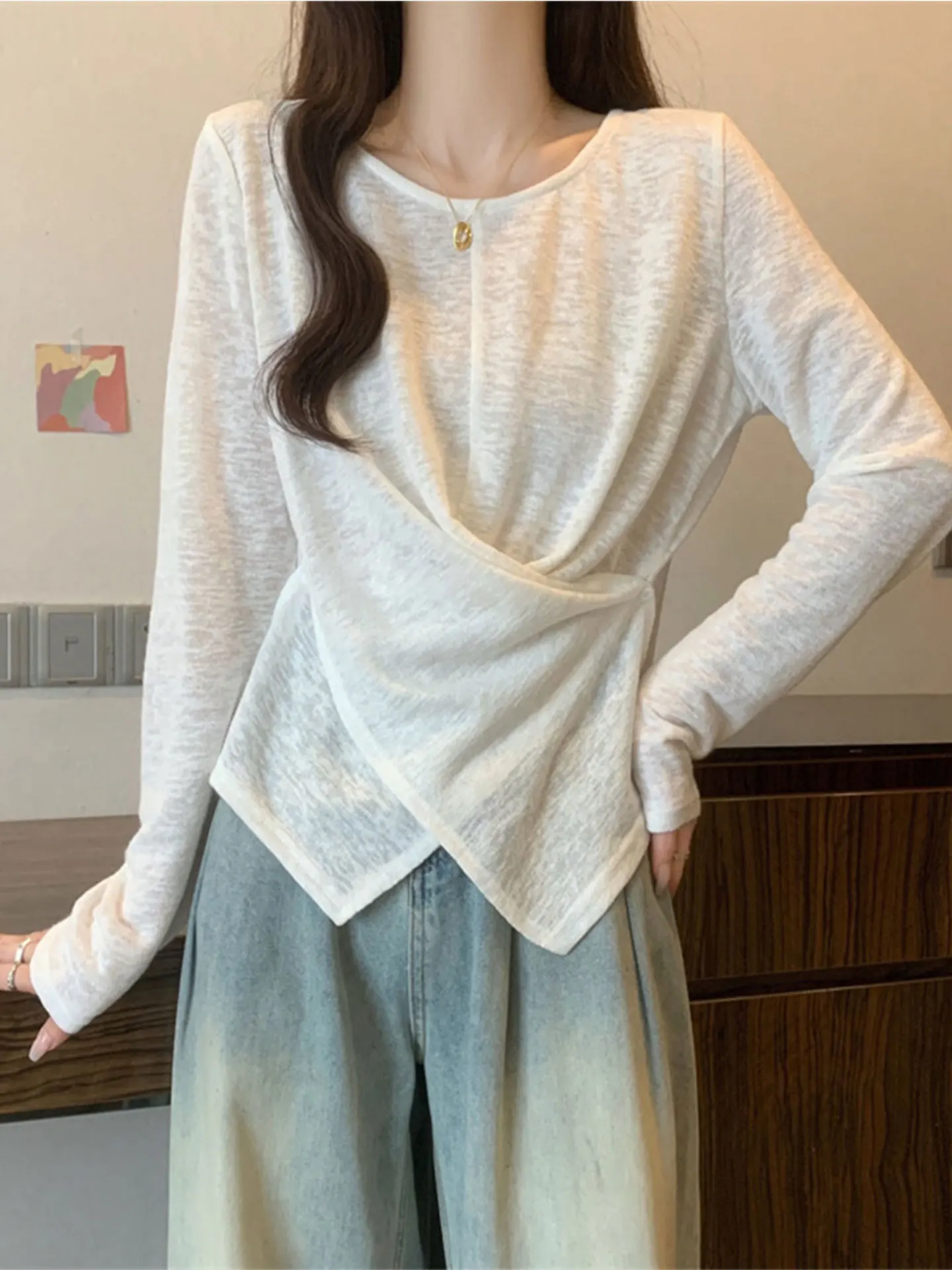 

Thin Bamboo Rayon Long Sve T-irt Women's plus Size Spring Early Uneven oulder High Waist Commute Sle Korean Loose Fit