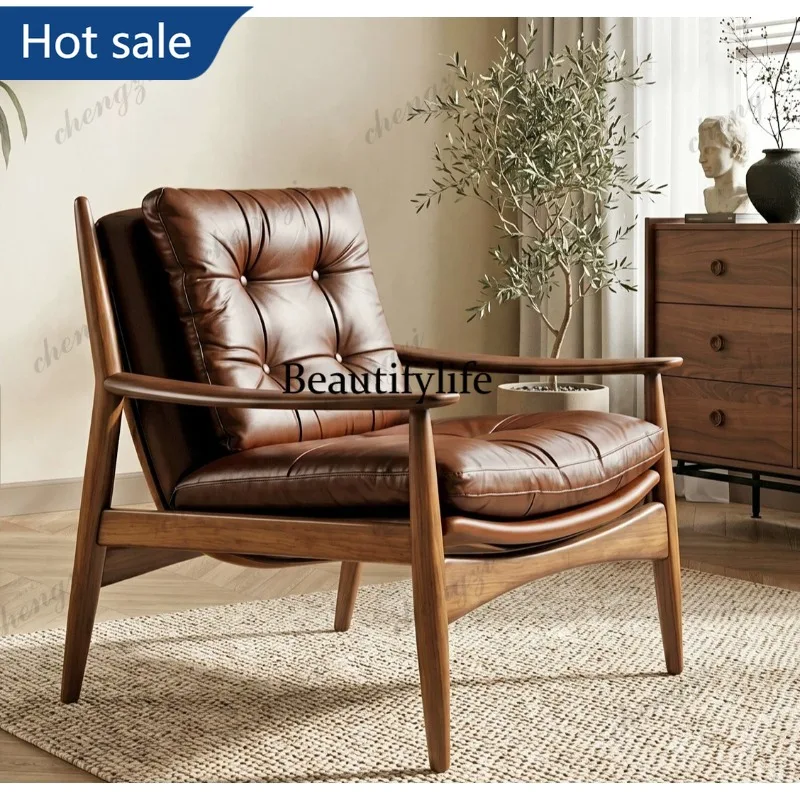 NQ52 Retro light luxury color matching leather back chair small apartment home study office solid wood curved armrest leisure ch
