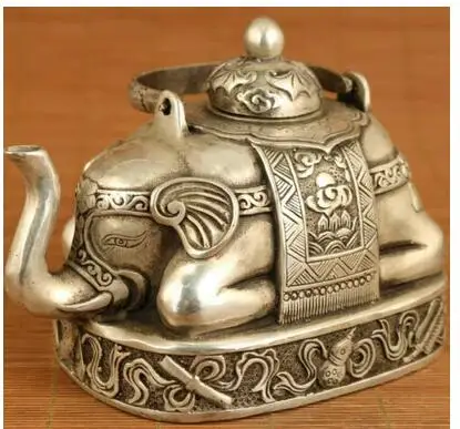 Antiques tea pot home pure white copper layout Arts outlets Decoration big chinese old Tibet silver elephant statue