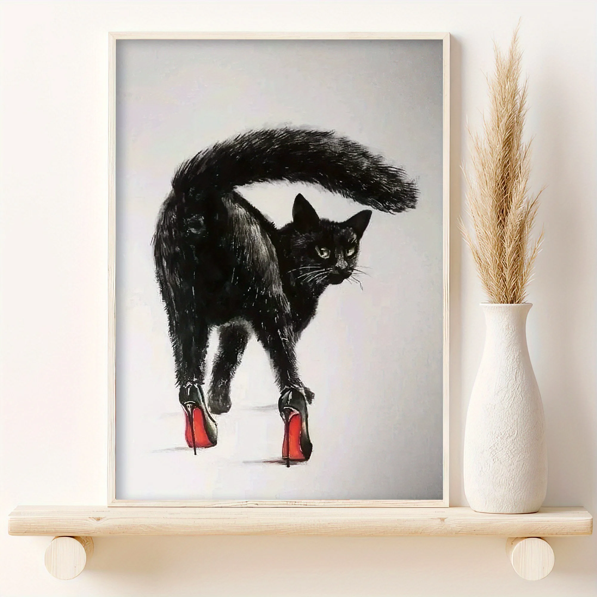 1PC Frameless  1pc Black Cat Wearing High Heels Poster, Canvas Decoration Painting, Unframed Modern Style for Home, Living Room,