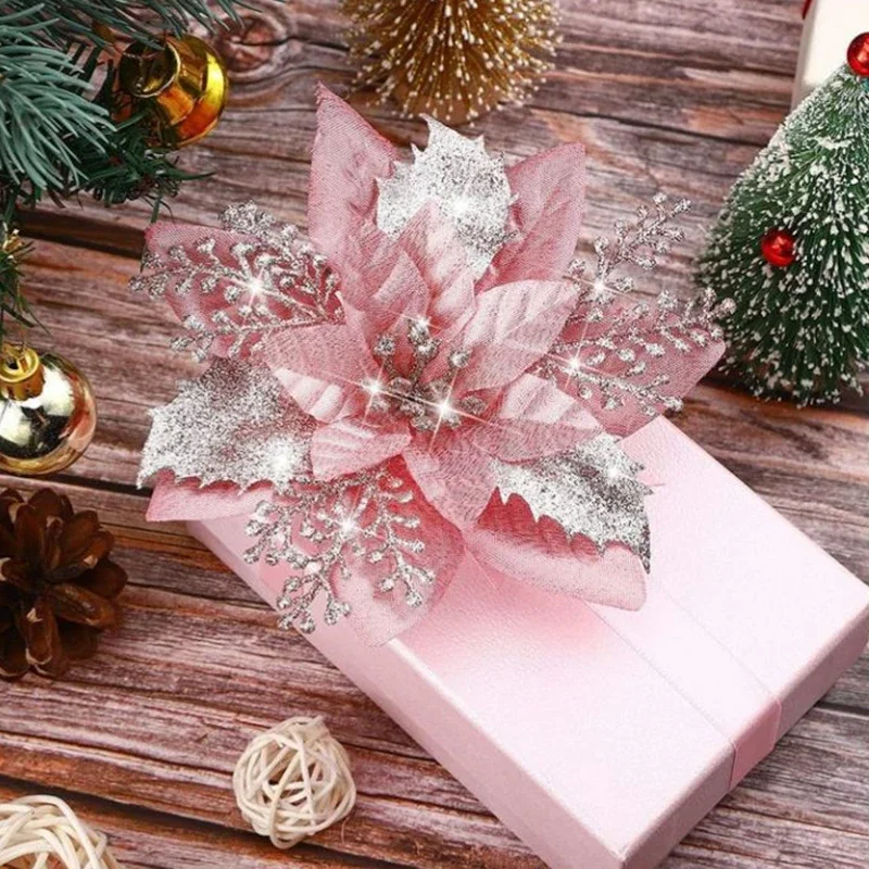 2024 Glitter Pink Christmas Flowers Xmas Tree 14cm Artifical Flower Ornaments Merry Christmas Decoration For Home New Year