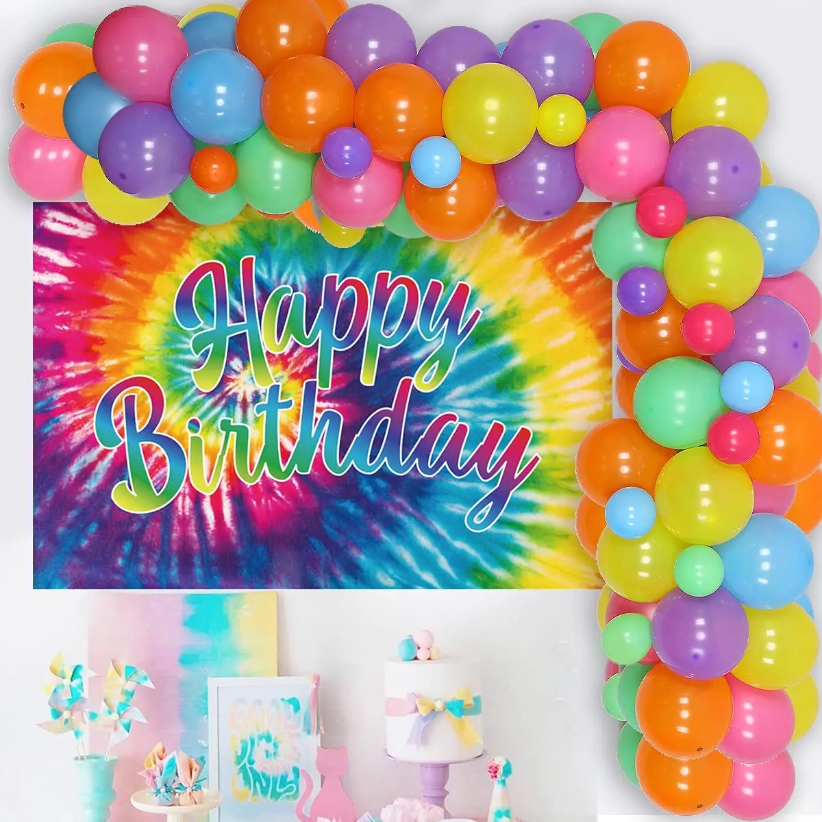 Hippie Theme Tie Dye Birthday Party Decorations Rainbow Balloon Garland Kit Photo Backdrop for Retro 60s 70s 80s Party Decor