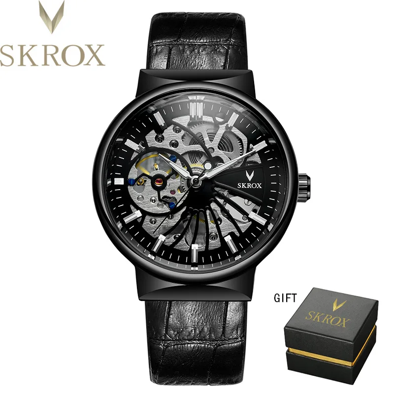 

SKROX Vintage Skeleton Man Watch Thin Mechanical Luminous Male Wrist Watches Original Top Brand Luxury Clockwork reloj hombre