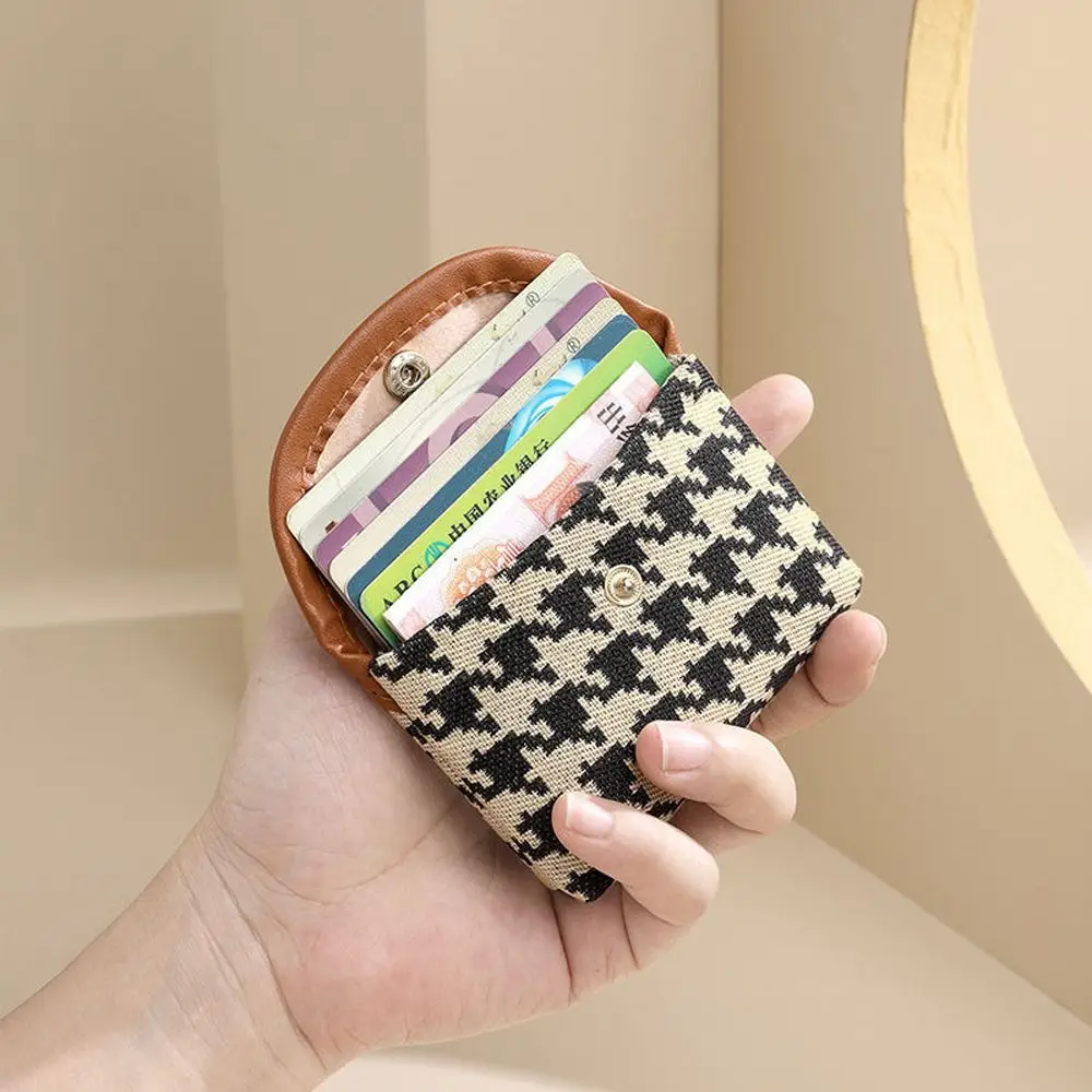 PU Leather Plaid Canvas Short Coin Purse Double Layer Large Capacity Mini Lipstick Bag Storage Bag Korean Style