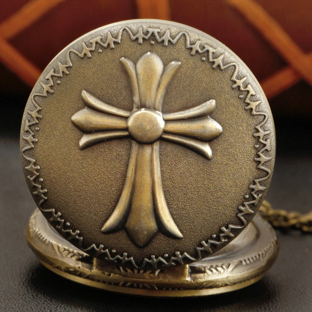 Vintage Bronze Bible Cross Believer Retro Time Quartz Pocket Watch Fashion Pendant Necklace Men's and Women's Accessories Gift