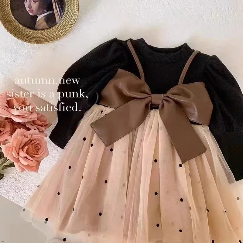 Princess Dress for Baby Girl Black long Sleeved Patchwork Mesh Skirt Korean Style Birthday Party Clothing for Toddler 0-3 Years