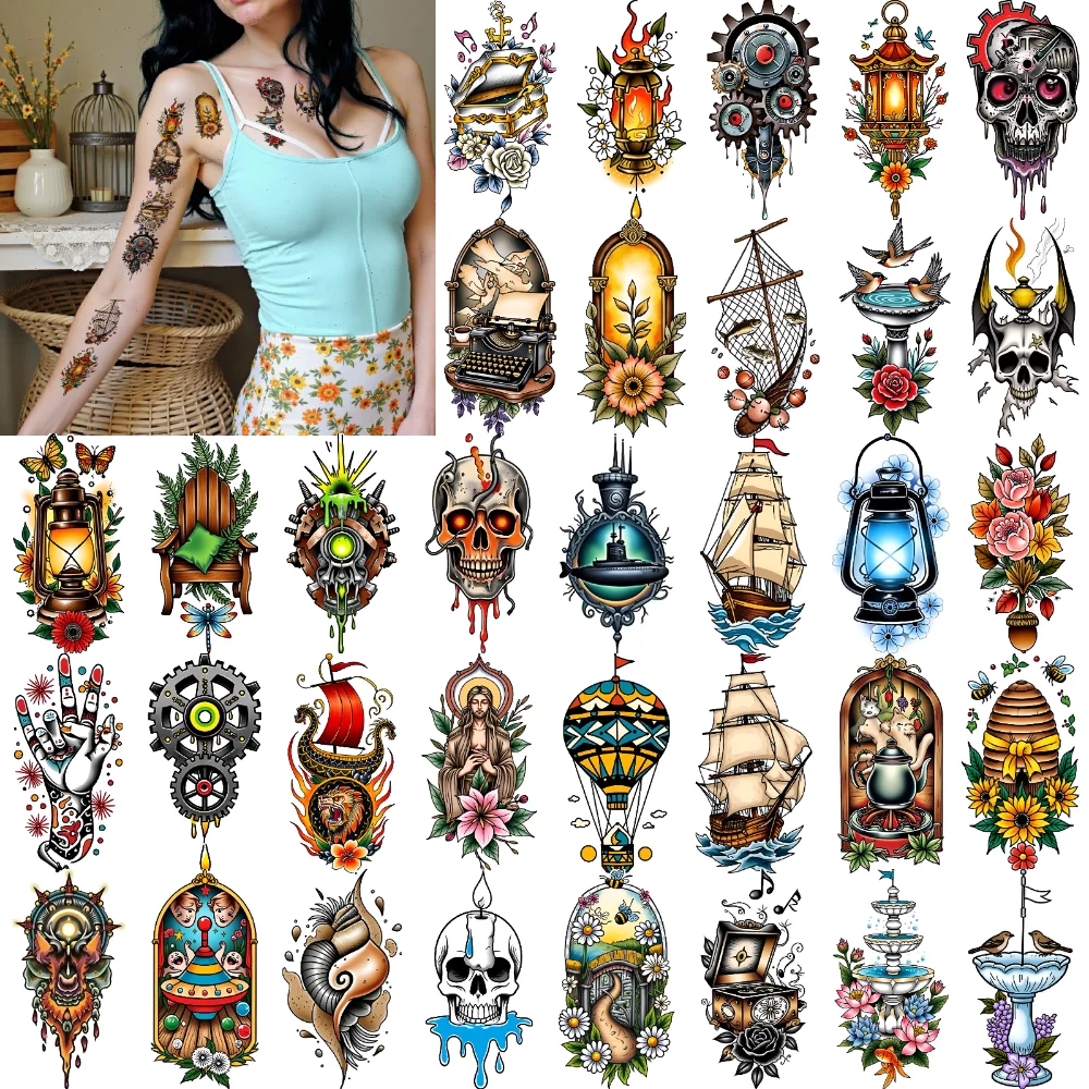 

63pcs Temporary Tattoo Hot Air Balloon Waterproof Long-lasting Body Stickers Rose Lantern New School Traditional Clock For