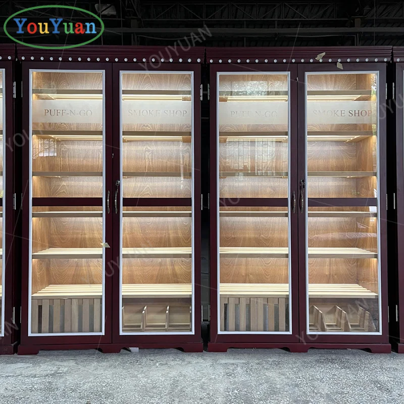 (customized)Custom Glass cigar display cabinet cigar humidor modern Led Lighting Wooden Lockable cigar closet Shop Showcase