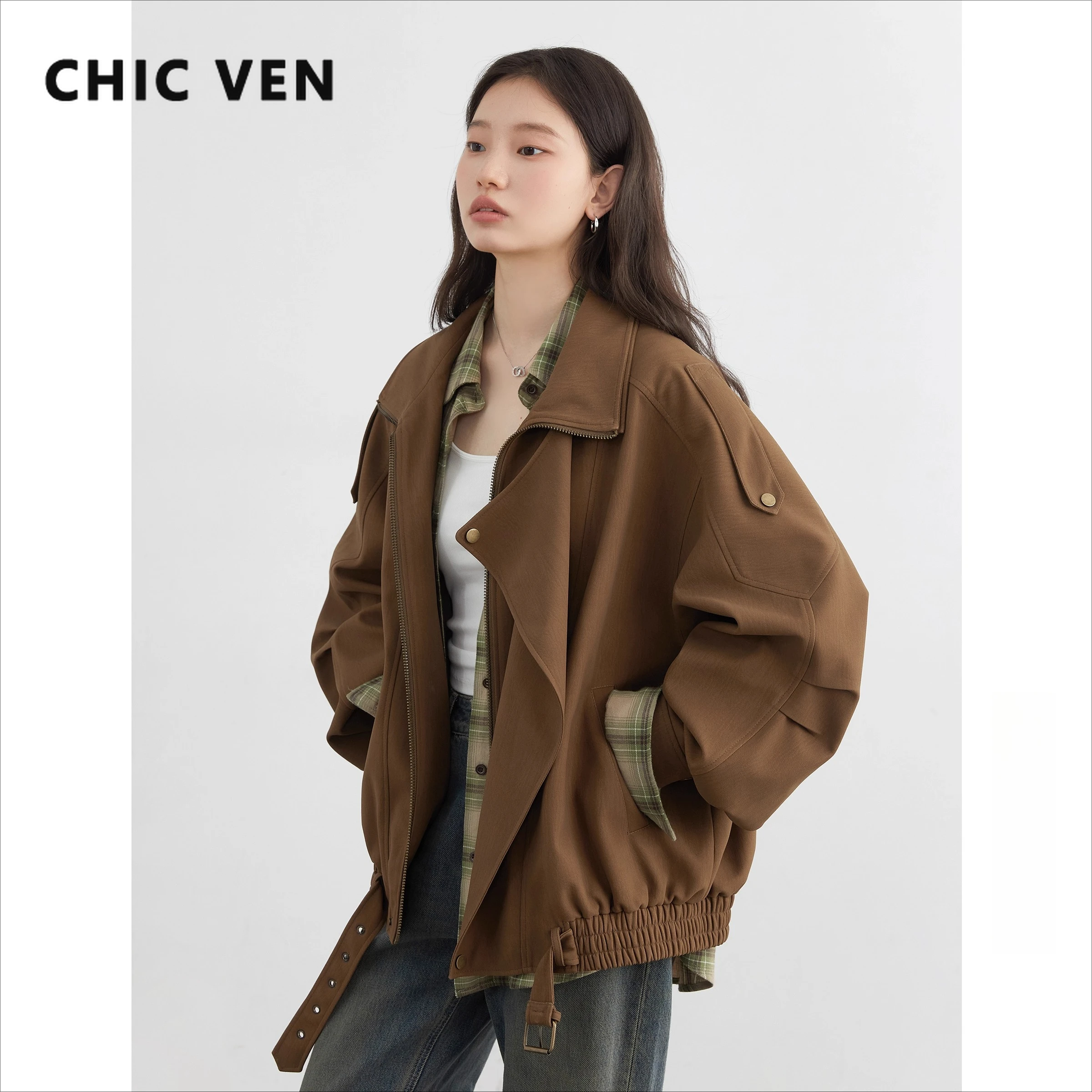 

CHIC VEN женские куртки свободные повседневные новые ретро замшевые куртки из искусственной кожи с воротником-стойкой женское пальто уличная одежда осень-зима 2025
