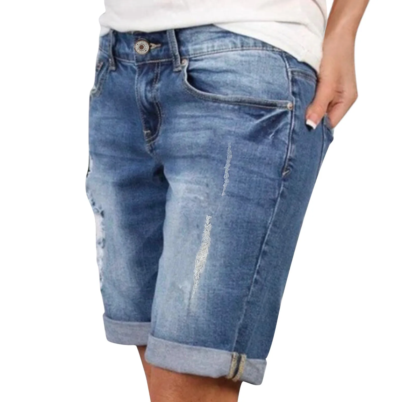 Faionable estiramento denim calças femininas cinco quartos elásticos jeans boting calças ort comprimento regular fino