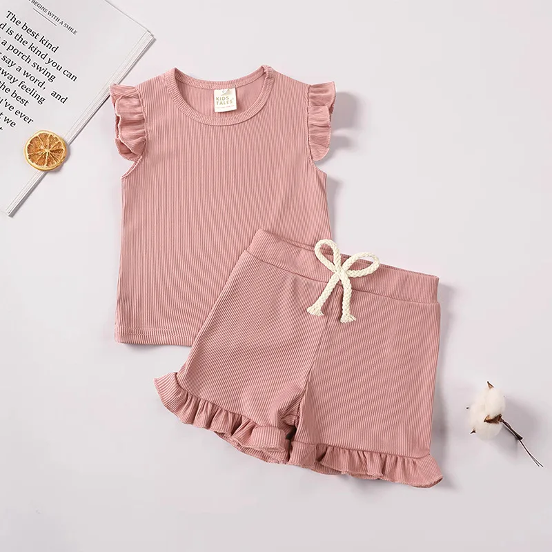 أطفال بنات ملابس مجموعات الصيف بلوزات بلا أكمام السراويل 2 قطعة مجموعات ملابس الأطفال عادية بلون طفل رضيع الفتيات وتتسابق #4