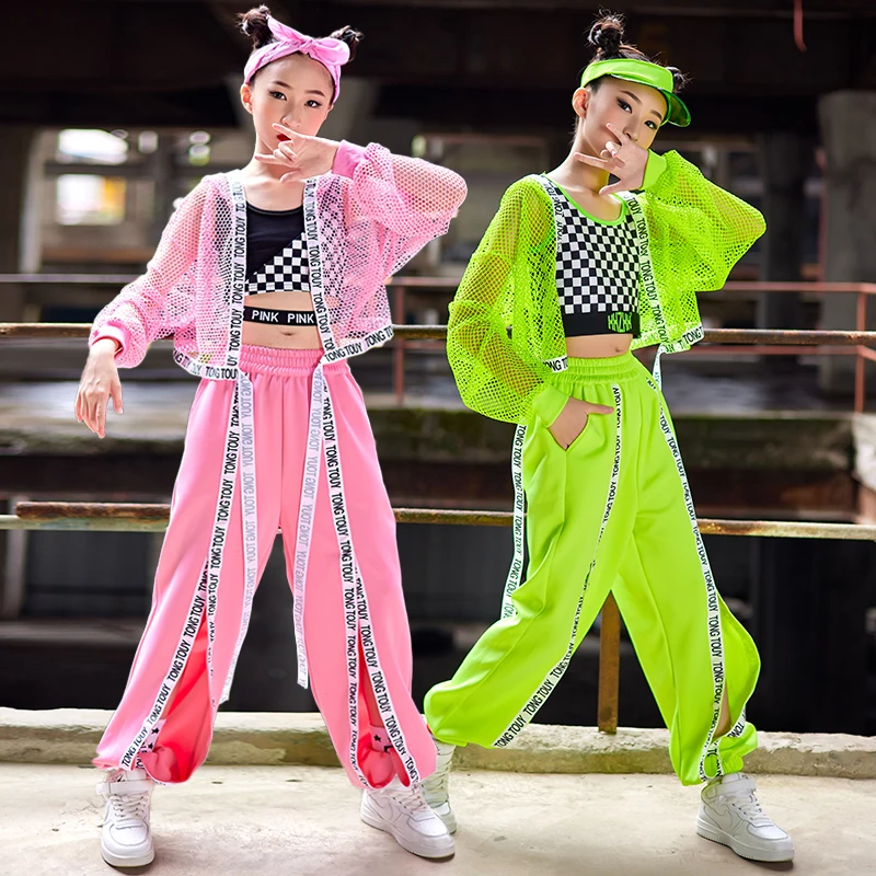 New Jazz Dance Clothes For Girls Fluorescent Green Net Tops Pants Kids Hip Hop Costume Concert Performance Wear Pink Suit BL9245