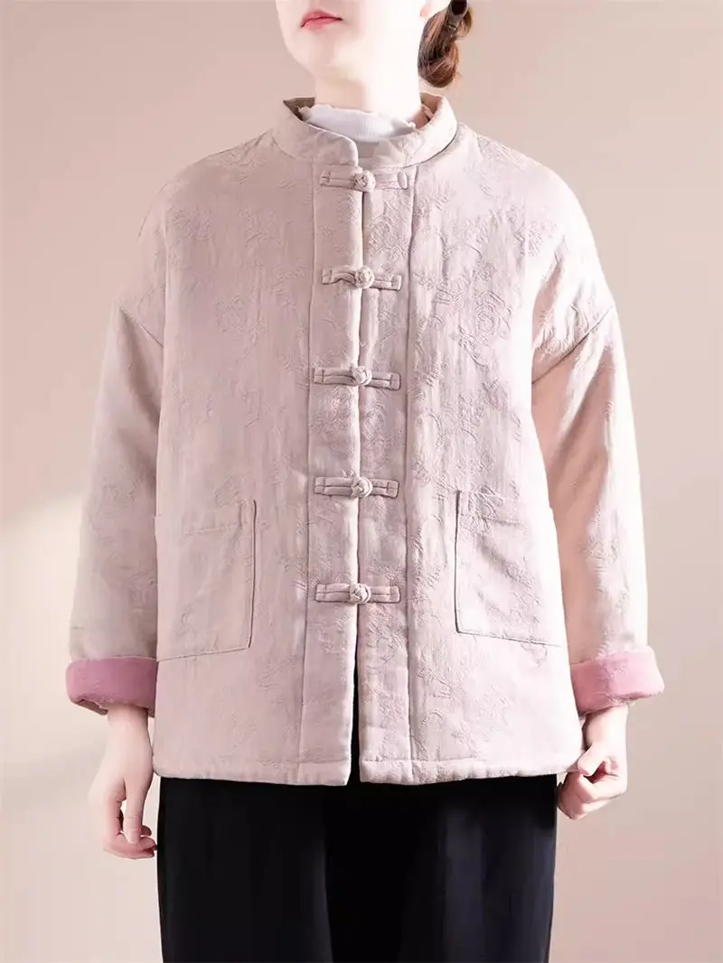 Spring Chinese Retro Cotton Jacket Women\'s Literary Traditional Cotton Linen Casual Loose Thickened Warm Quilted Coat Top Z4675