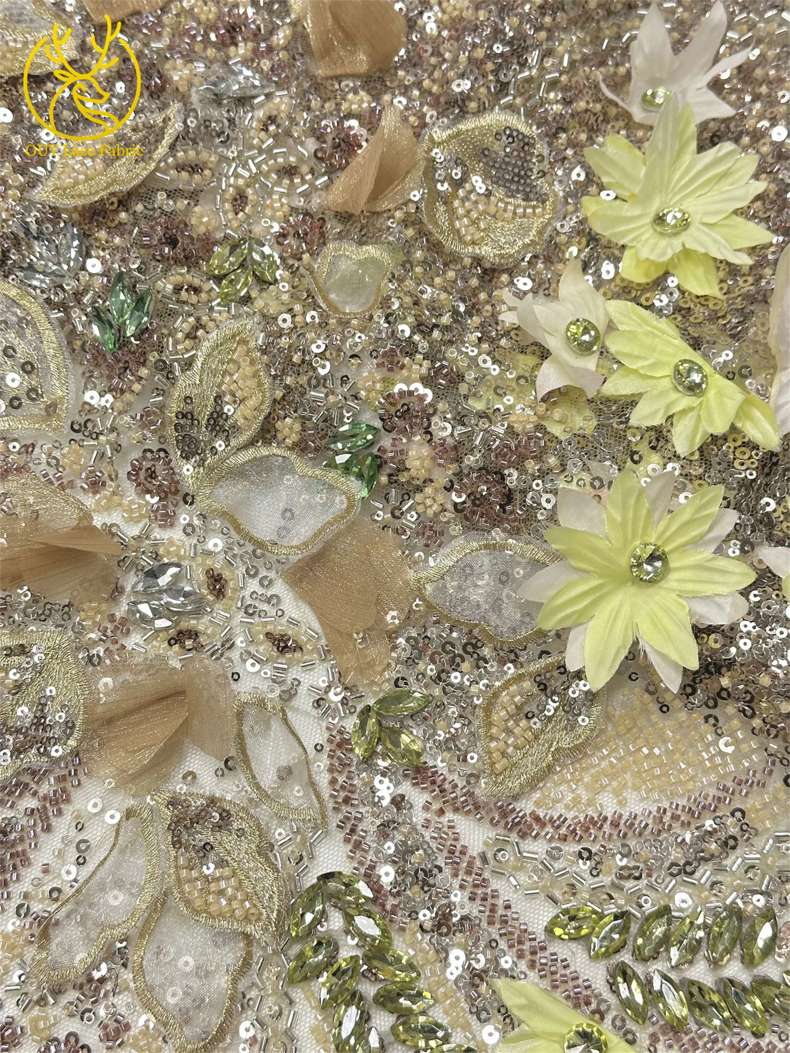 Hochwertiger luxuriöser französischer Edelstein-Perlenstickerei-3D-Blumen-Afrikanischer-Pailletten-Spitzenstoff für DIY handgefertigtes Hochzeitskleid. – Detail 15