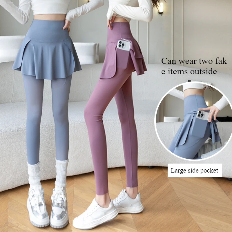 ผู้หญิงไม่มีรอยต่อปลอมสองชิ้นเลกกิ้งฟิตเนสเลกกิ้งเอวสูงยกสะโพกพร้อมกระเป๋ายืดหยุ่นบางแฟชั่นกางเกงโยคะ