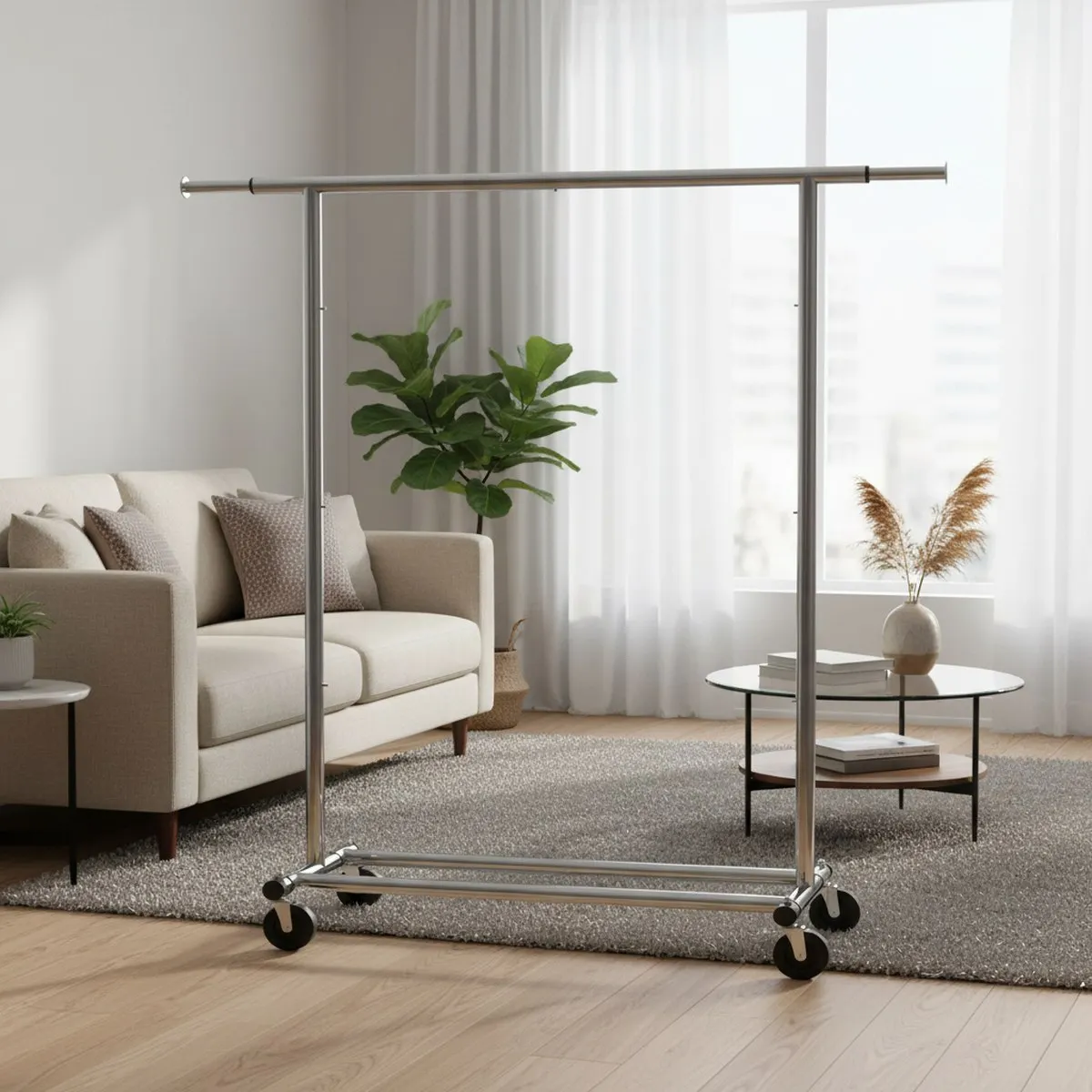 Sturdy Extendable Clothes Rack Chrome Max 150lb Capacity Adjustable Width