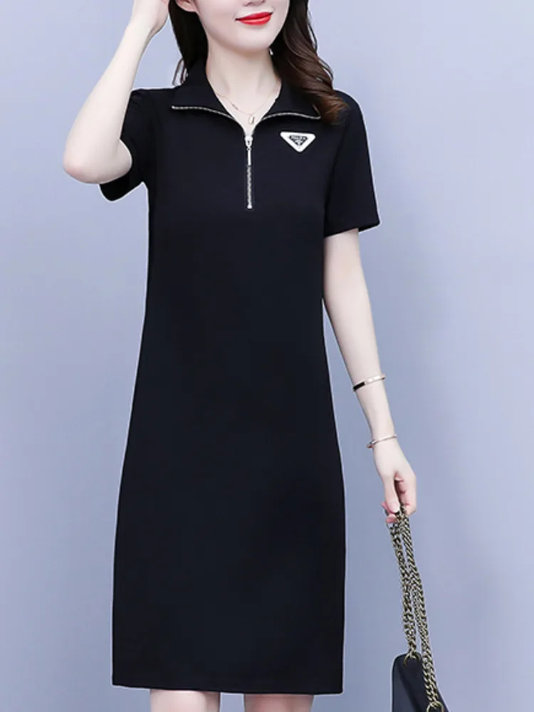 #7946 Black Striepd Short T Shirt Dress Women Turn-down Collar Zipper Polo Shirt Dress Femme Short Sleeve Slim Office Mini Dress