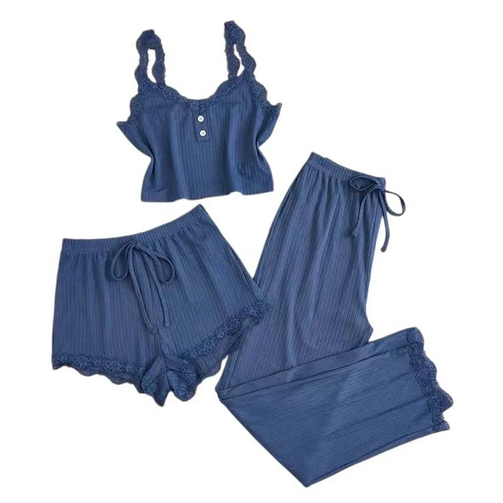 Slim Fit Women Lace Camisole Pajamas Long Pants and Shorts Lace Corset Lace Crop Tops Sleepwear Leisure Clothes Tanks