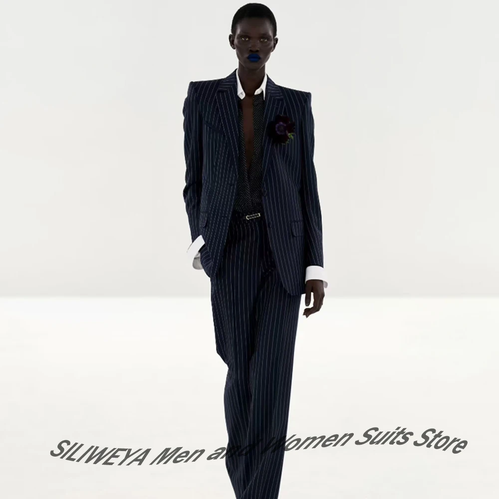 Navy Blue Pinstripe Women's Blazers and Suit Sets Tailored Classic Jacket+Pants Professional Office Wear Formal Evening Outfit
