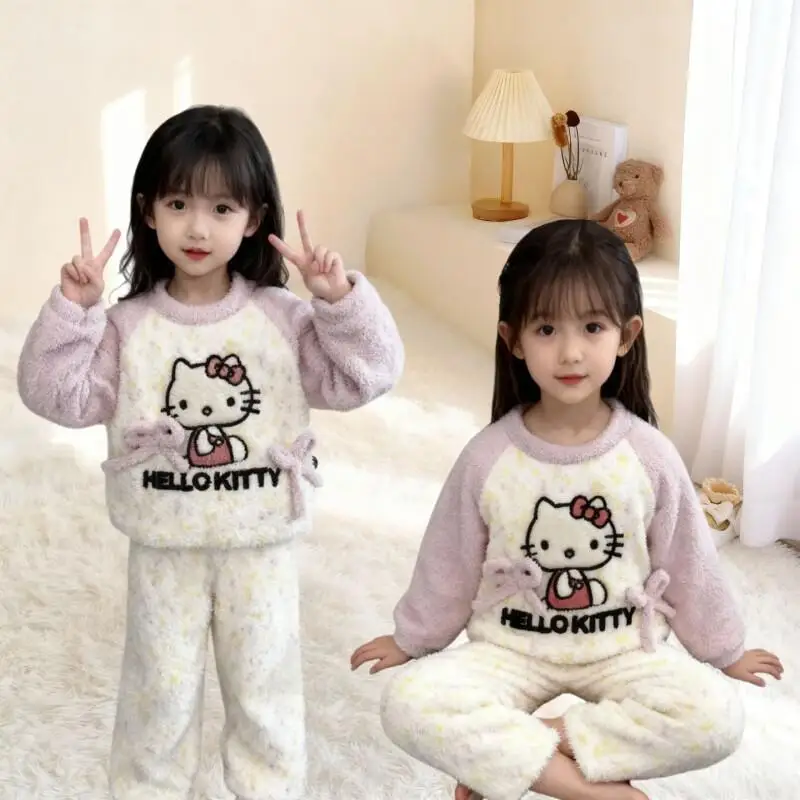 

Sanrio Hello Kitty Girls Autumn Winter Homewear Set Half Fleece Sleep Pants For Older Girls Cozy And Warm Loungewear Popular