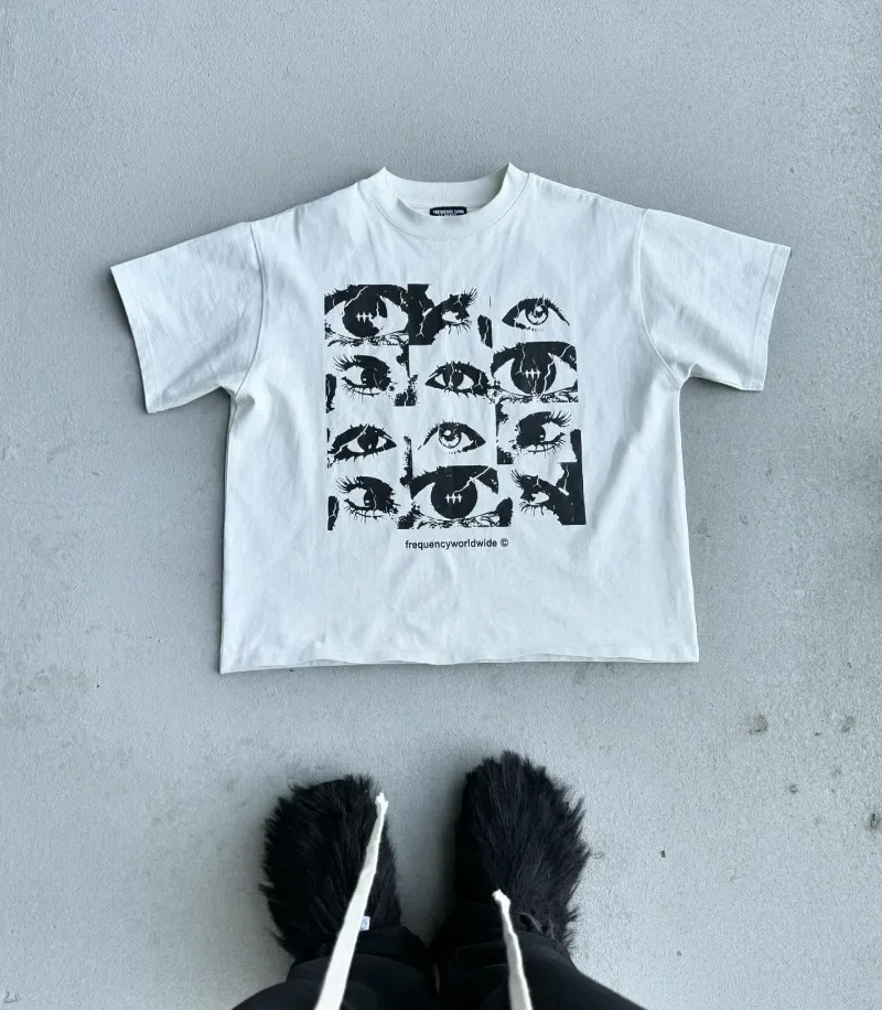Y2k summer High Street Fashion Letters Eye Print Men Short Sleeve T-shirt Goth Harajuku Loose Fashion Casual Crewneck Shirt
