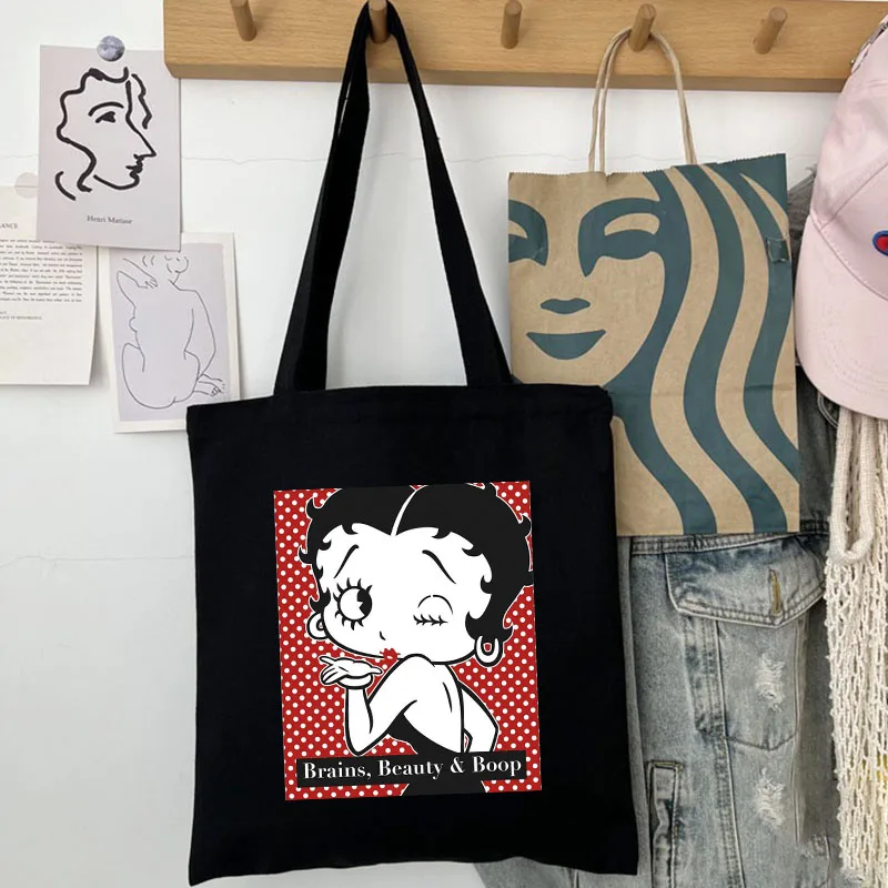 Cute Cartoon Girl Boops Oop Sexy Cherries Women Canvas Shoulder Tote Bag Handbag Eco Shopper Cotton Shopping Bag