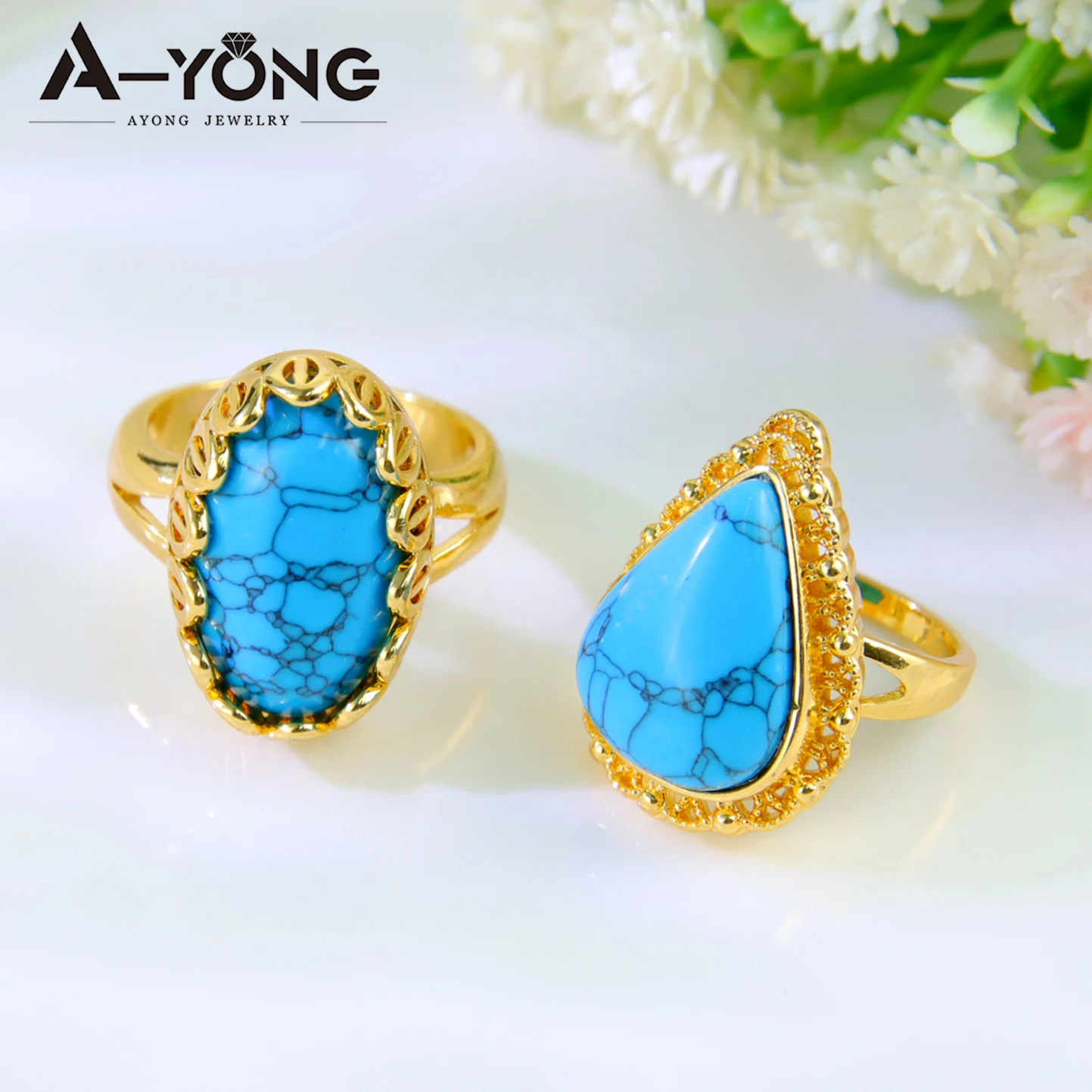 Luxury Turquoise Gold Color Rings 21k Gold Plated Vintage Arab Elegant Cocktail Ring Italian Dubai Women Party Jewelry Gift