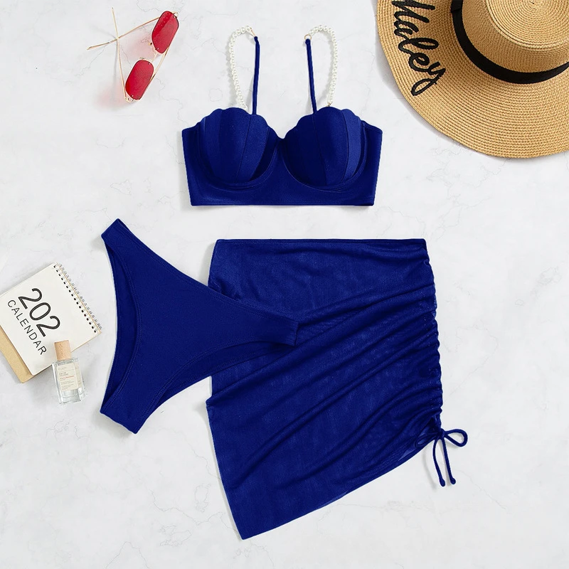 Elegant Blue Bikini Set with New Three-piece Sunscreen Swimsuit Design in Blue Pearl Straps  bathing suit women