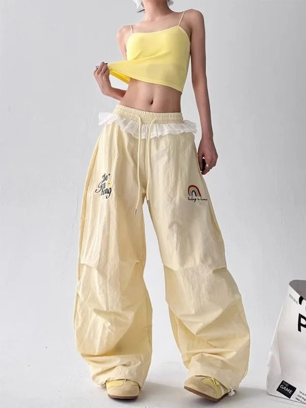 

Американские ретро лоскутные свободные спортивные широкие брюки женские повседневные брюки летние новые длинные брюки с высокой талией